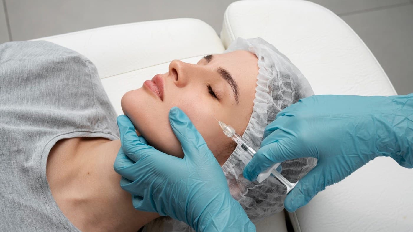 Aesthetic facial treatment: a patient lying down with closed eyes receives an injection from gloved hands