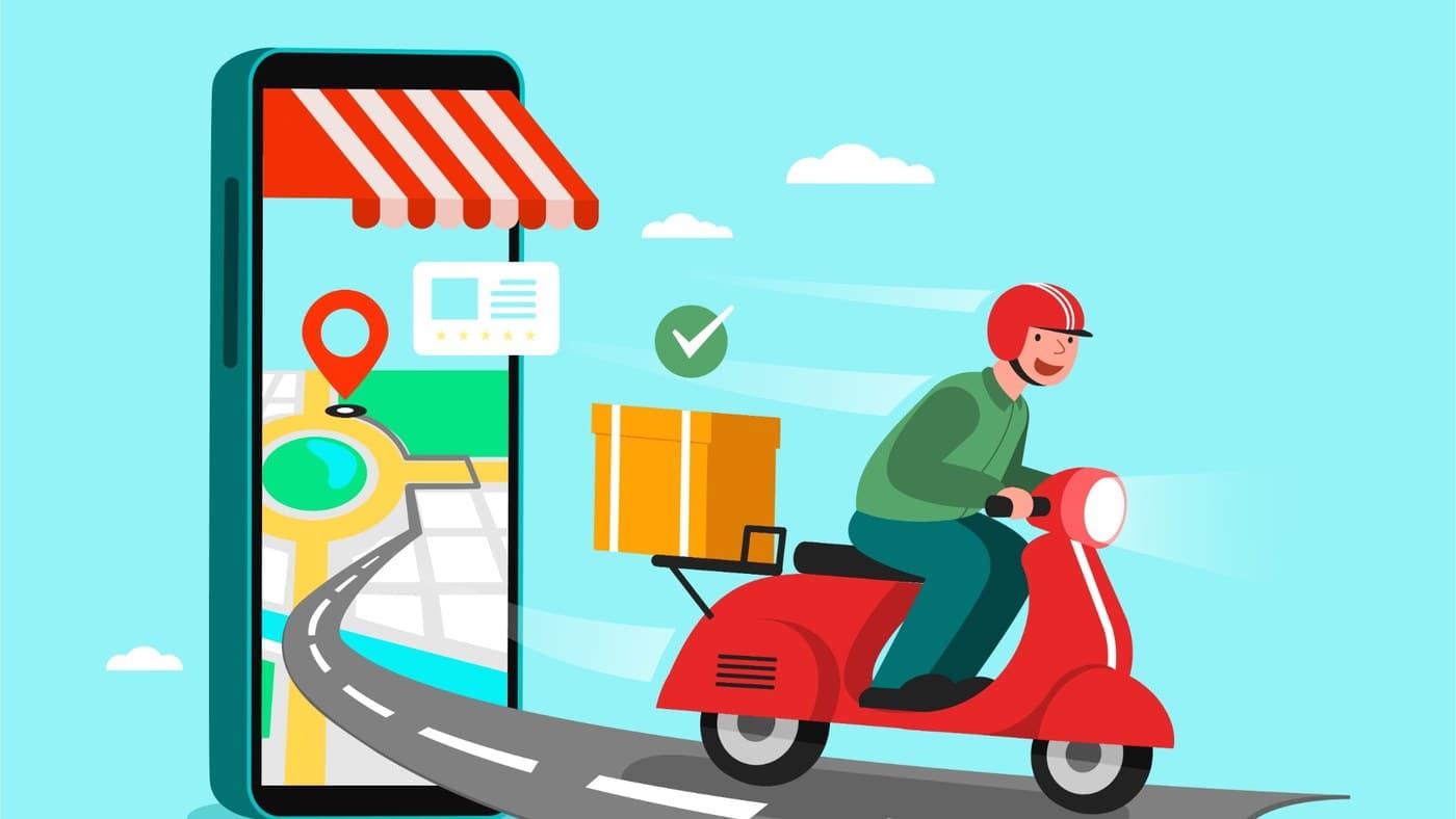 Illustration: a delivery rider on a scooter leaves a smartphone showing a store and a map