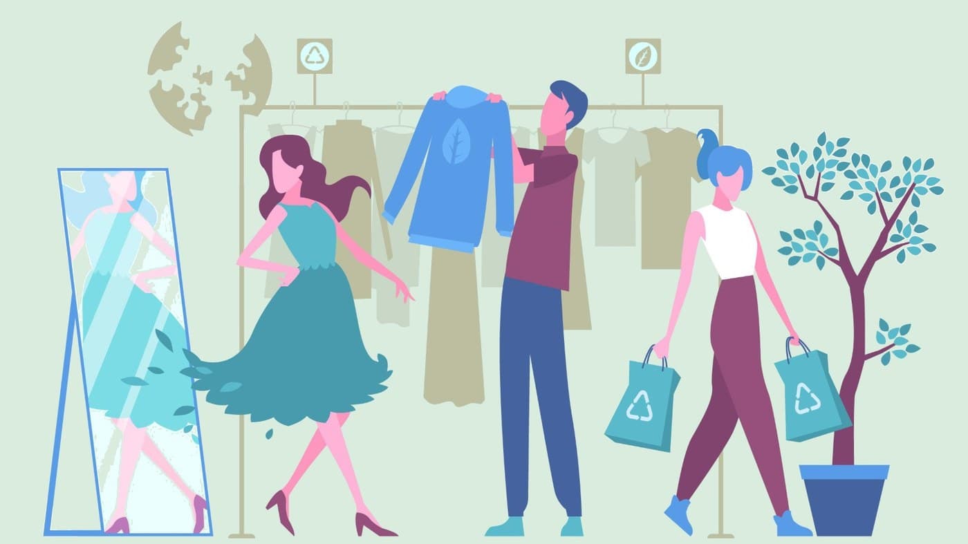 Illustration: shoppers choosing second-hand clothes at a clothing rack, with recyclable bags and a plant