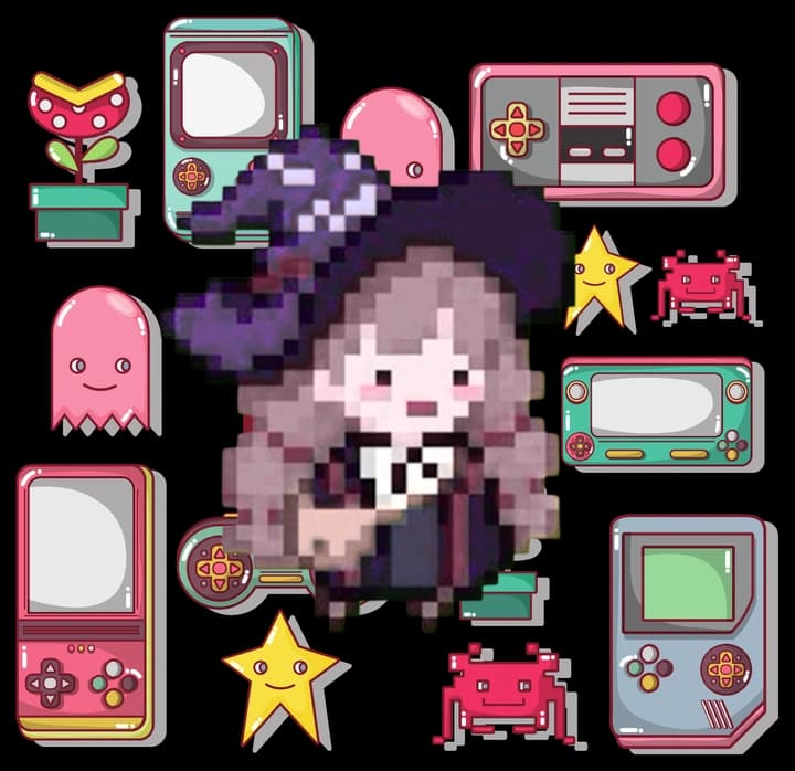 Pixel-art avatar surrounded by handheld consoles, stars and retro sprites