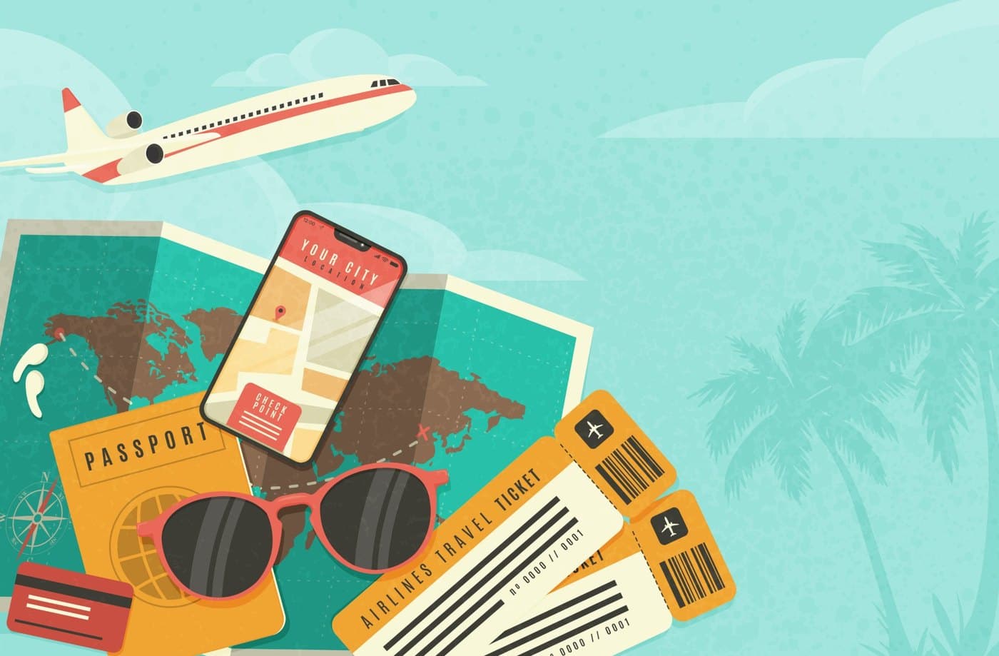 Travel illustration: airplane, world map, passport, plane tickets and sunglasses
